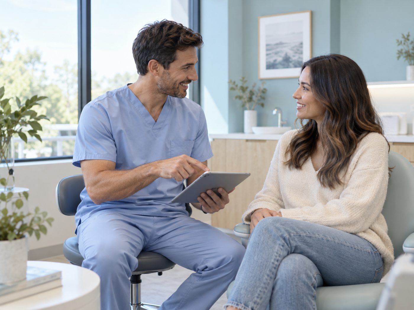 Dentist in blue scrubs reviewing a tablet with a smiling adult patient in a bright, modern dental office