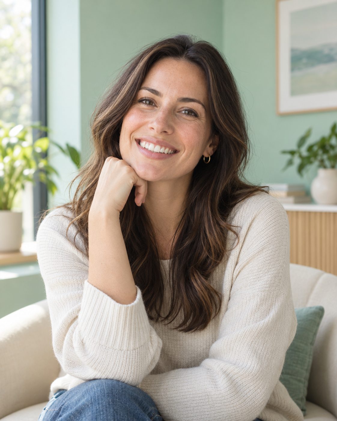 Smiling woman in a cream sweater, relaxing in a bright mint and cream living room