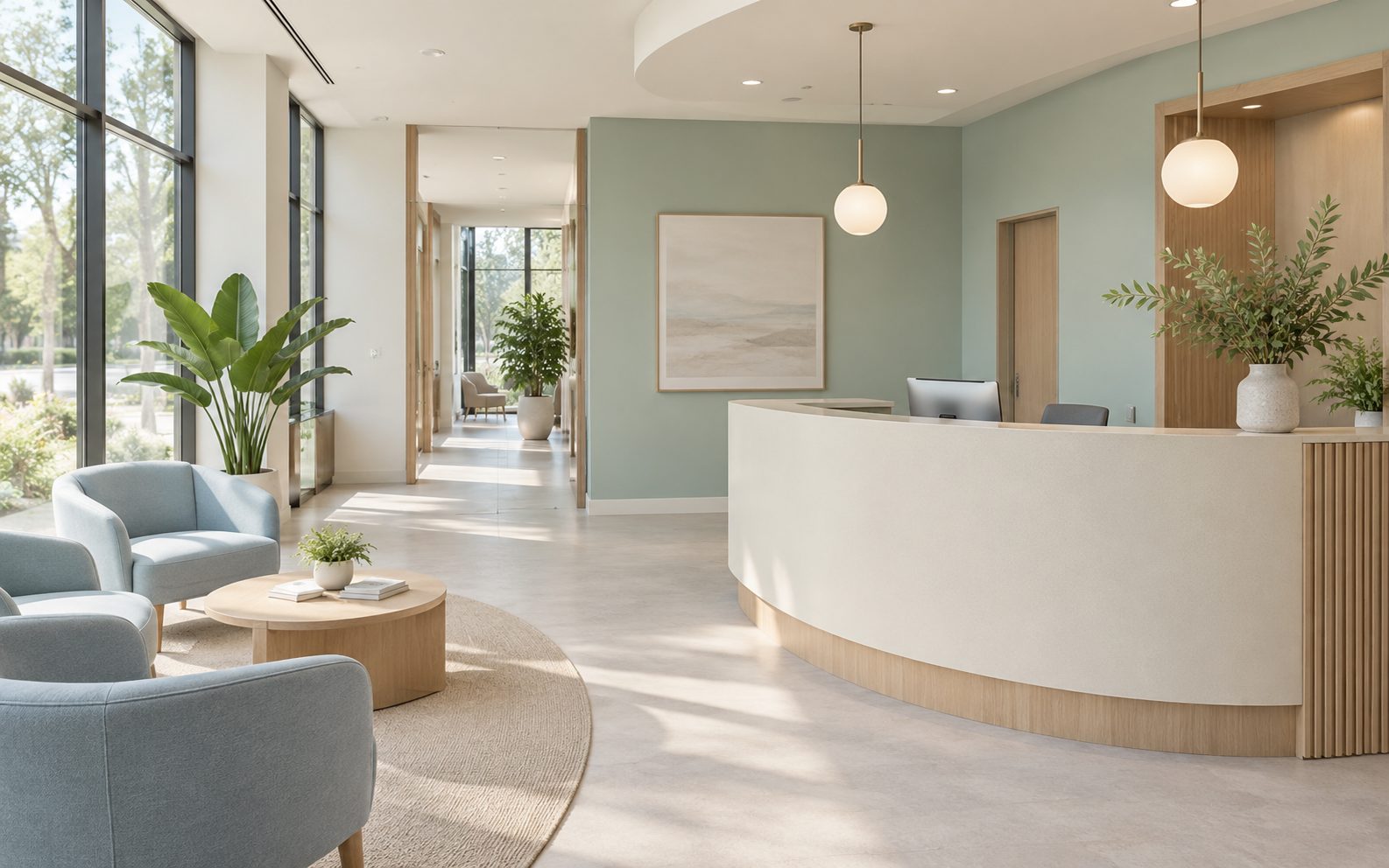 Bright, modern dental office reception with a curved cream desk, mint walls, and pale blue chairs