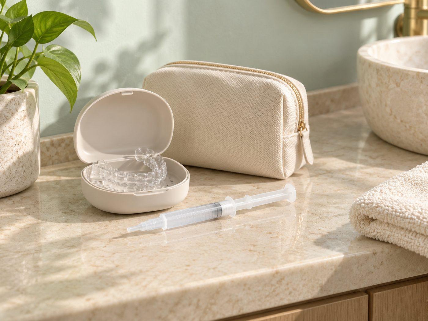 Clear custom whitening trays in a case, a whitening gel syringe, and a cream pouch on a stone bathroom counter